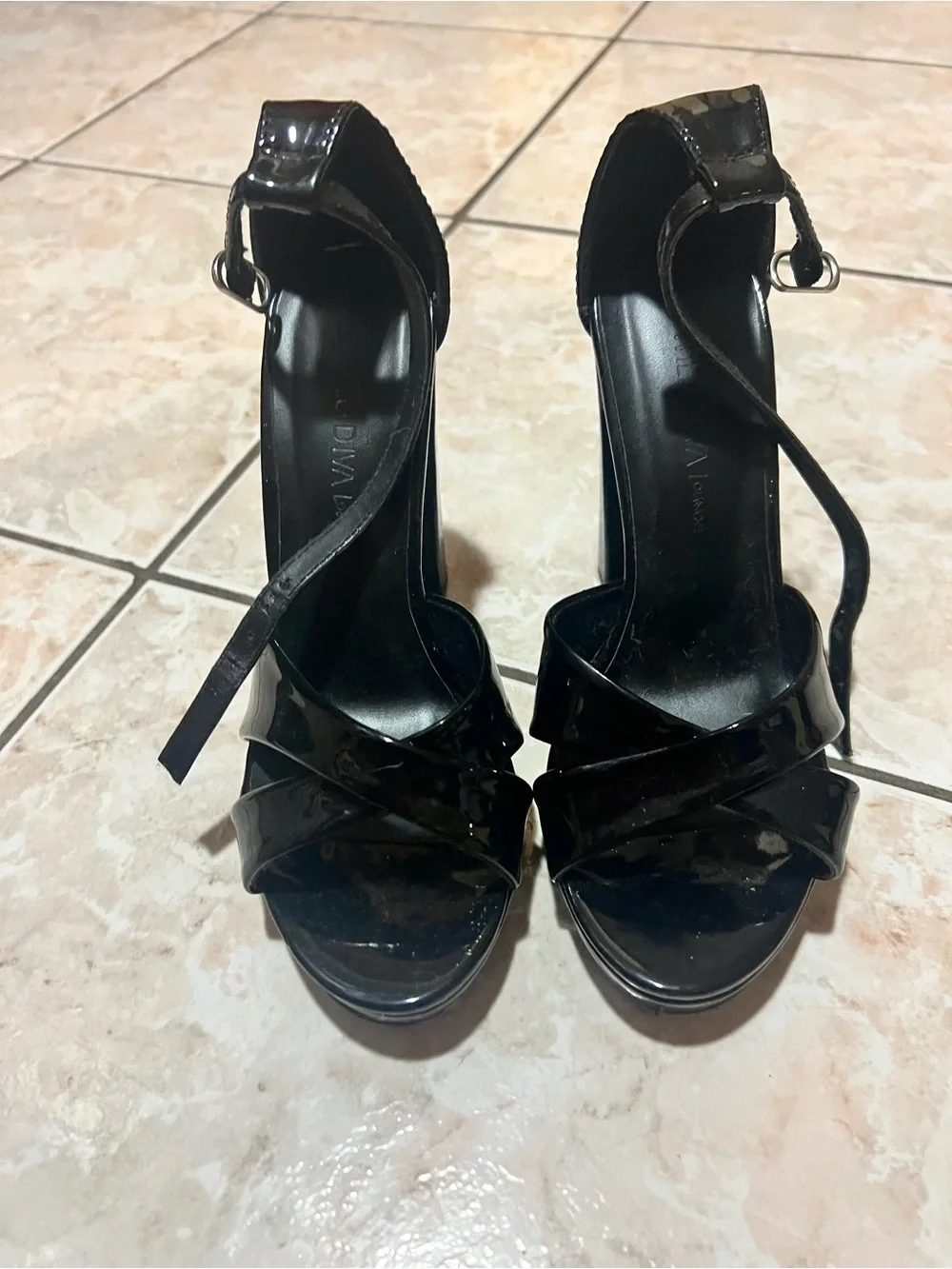Black Patent Ankle-Strap Platform Heels